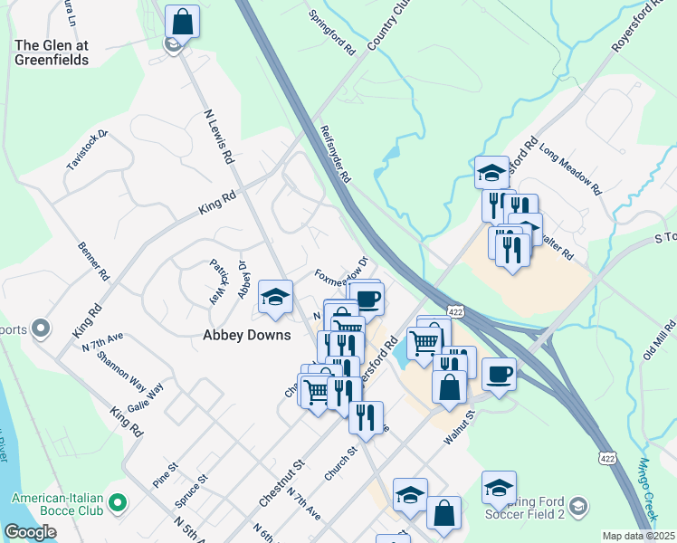 map of restaurants, bars, coffee shops, grocery stores, and more near 807 Foxmeadow Drive in Royersford