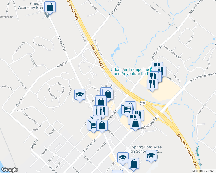 map of restaurants, bars, coffee shops, grocery stores, and more near 610 Foxcroft Circle in Royersford
