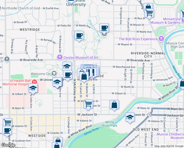 map of restaurants, bars, coffee shops, grocery stores, and more near 1523 West Ashland Avenue in Muncie