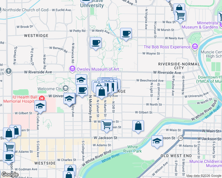 map of restaurants, bars, coffee shops, grocery stores, and more near 519 North Dill Street in Muncie