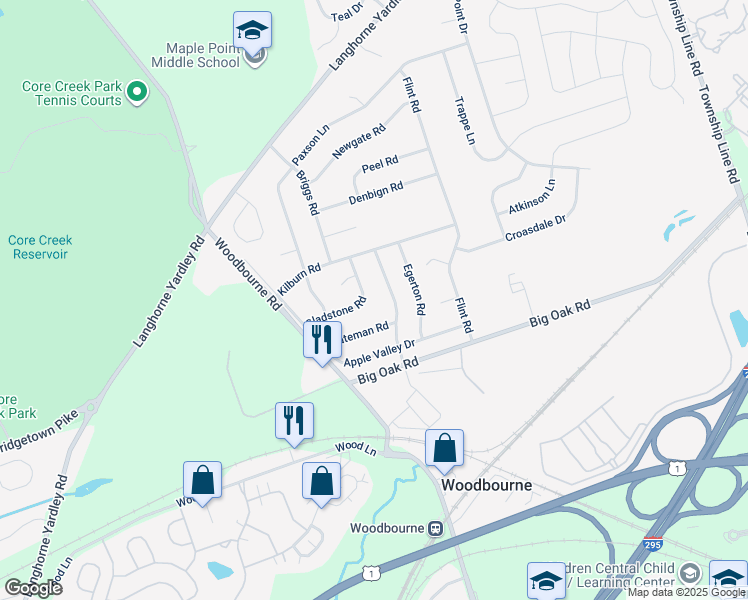 map of restaurants, bars, coffee shops, grocery stores, and more near 456 Gladstone Road in Langhorne