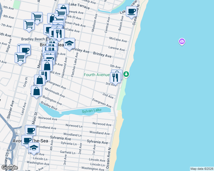 map of restaurants, bars, coffee shops, grocery stores, and more near 201 3rd Avenue in Bradley Beach