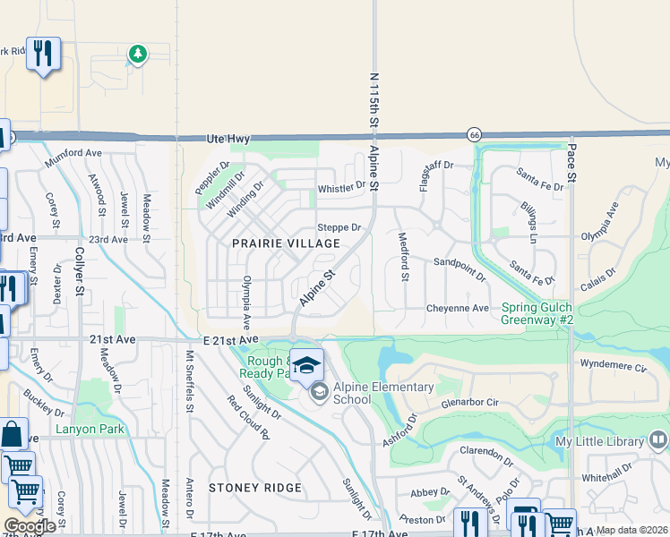map of restaurants, bars, coffee shops, grocery stores, and more near 2214 Alpine Street in Longmont