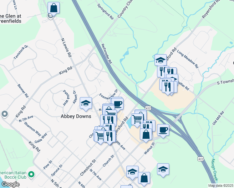 map of restaurants, bars, coffee shops, grocery stores, and more near 613 Foxcroft Circle in Royersford
