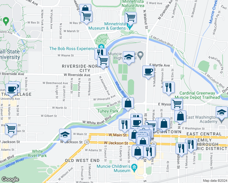 map of restaurants, bars, coffee shops, grocery stores, and more near 511 Wheeling Avenue in Muncie