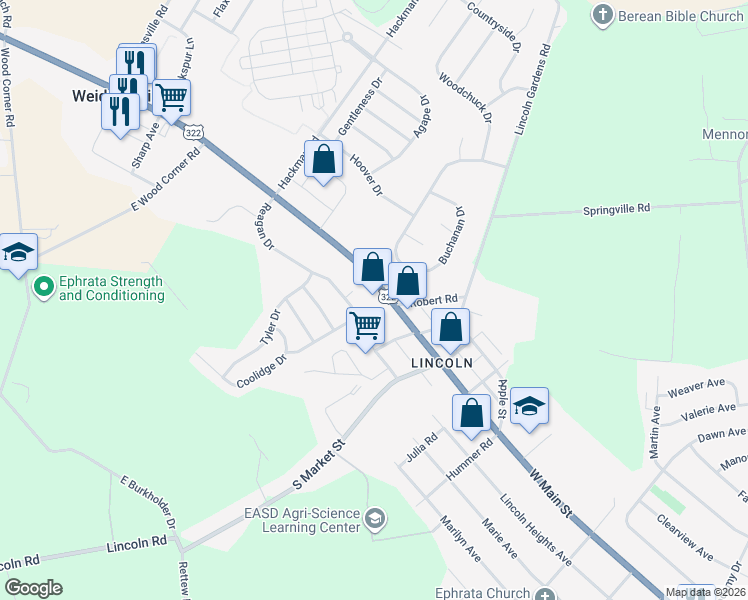 map of restaurants, bars, coffee shops, grocery stores, and more near 1634 W Main St in Ephrata