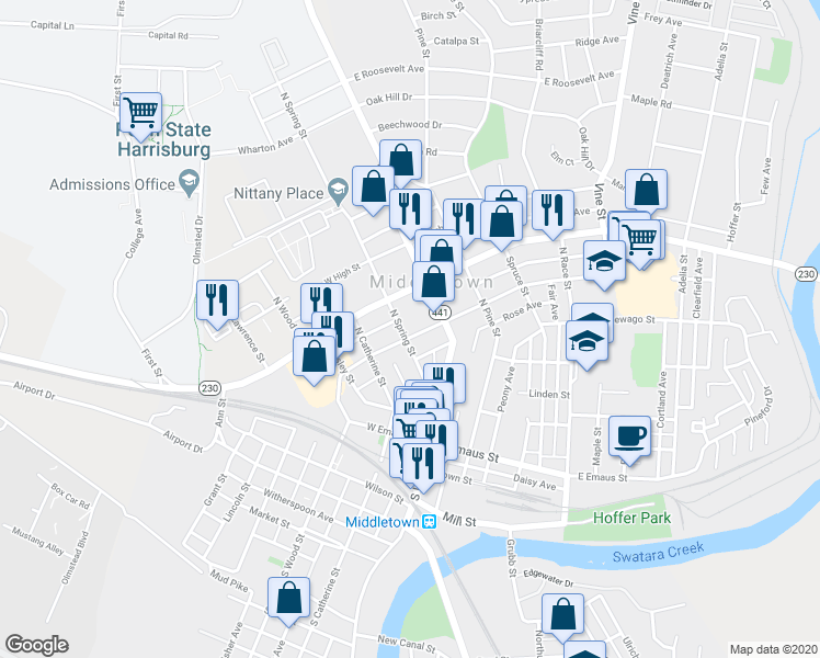 map of restaurants, bars, coffee shops, grocery stores, and more near 55 West Water Street in Middletown
