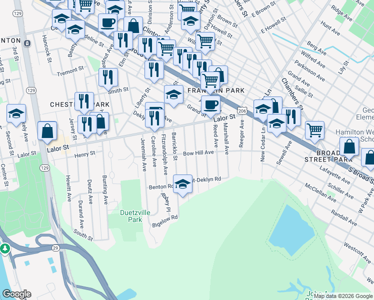 map of restaurants, bars, coffee shops, grocery stores, and more near 72 Andrew Street in Trenton