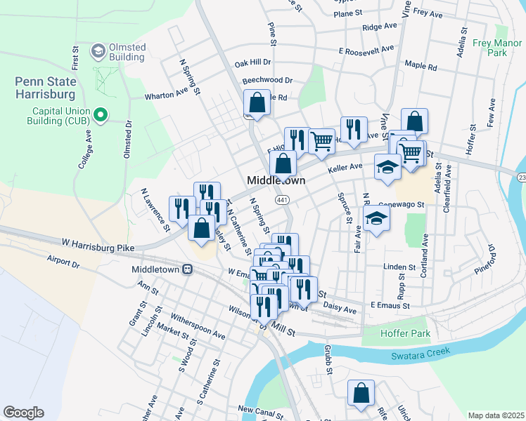 map of restaurants, bars, coffee shops, grocery stores, and more near 55 West Water Street in Middletown