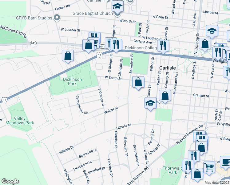 map of restaurants, bars, coffee shops, grocery stores, and more near 250 Glendale St in Carlisle