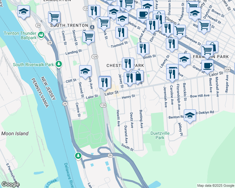 map of restaurants, bars, coffee shops, grocery stores, and more near 511 Lalor Street in Trenton