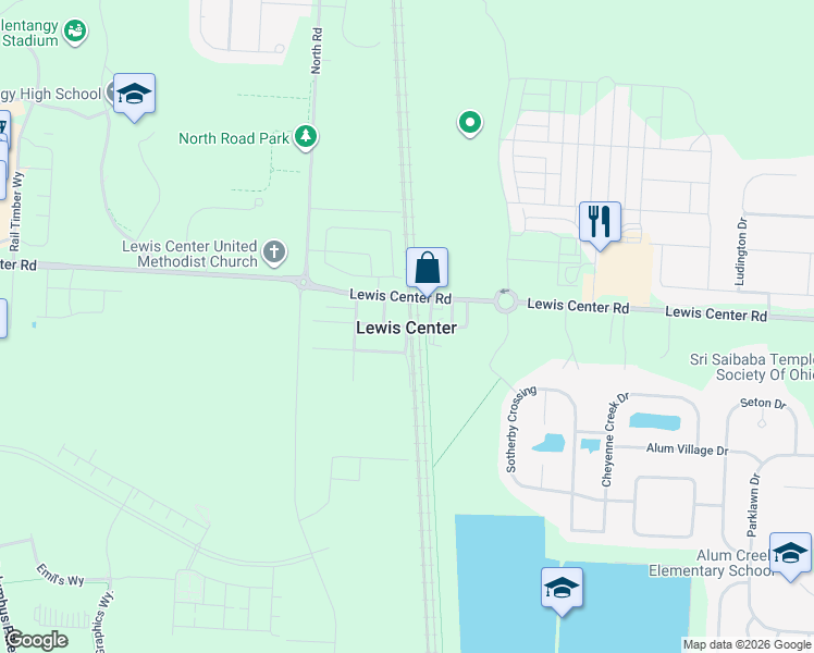 map of restaurants, bars, coffee shops, grocery stores, and more near 1463 Franklin Street in Lewis Center