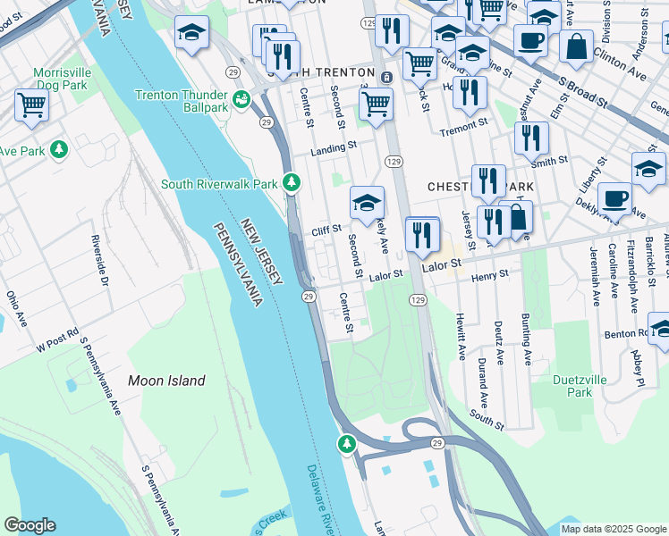 map of restaurants, bars, coffee shops, grocery stores, and more near 749 Centre Street in Trenton