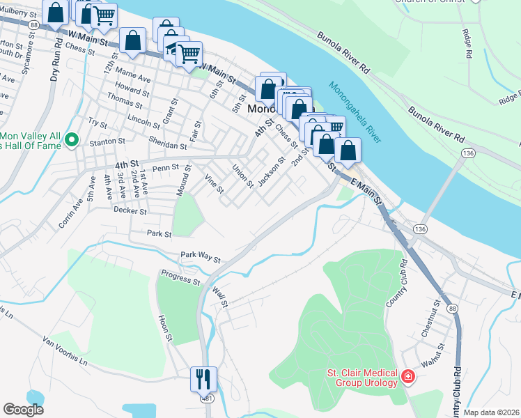 map of restaurants, bars, coffee shops, grocery stores, and more near 507 2nd Street in Monongahela