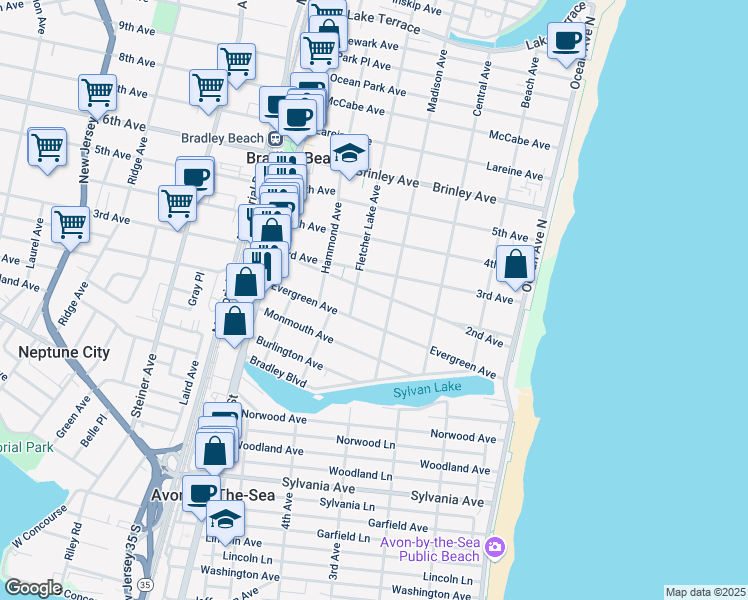 map of restaurants, bars, coffee shops, grocery stores, and more near 407 2nd Avenue in Bradley Beach