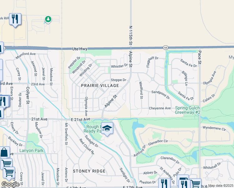 map of restaurants, bars, coffee shops, grocery stores, and more near 2214 Alpine Street in Longmont