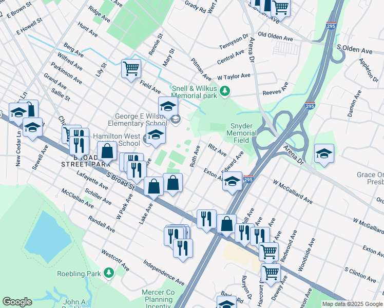 map of restaurants, bars, coffee shops, grocery stores, and more near 223 Ruth Avenue in Trenton