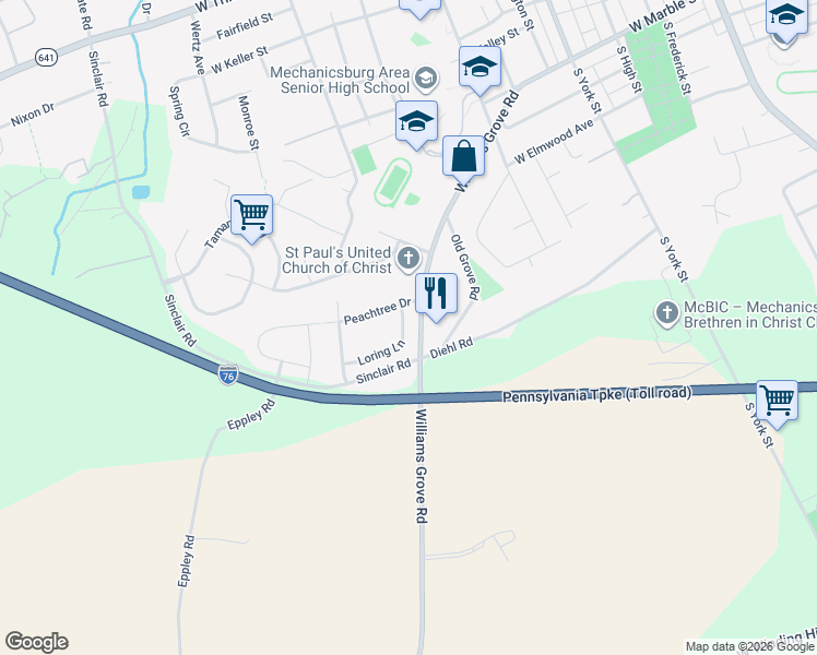 map of restaurants, bars, coffee shops, grocery stores, and more near 916 Loring Lane in Mechanicsburg