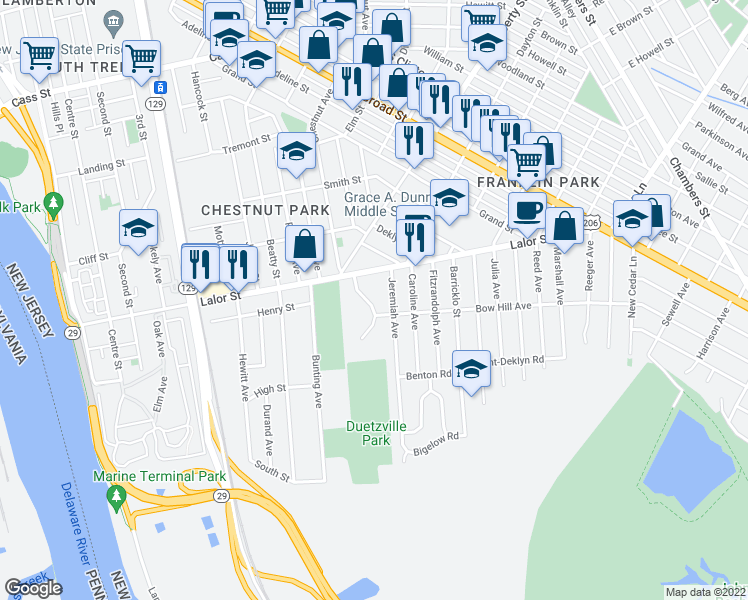 map of restaurants, bars, coffee shops, grocery stores, and more near 38 Stenton Court in Trenton