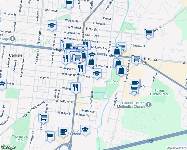 map of restaurants, bars, coffee shops, grocery stores, and more near 157 South Bedford Street in Carlisle