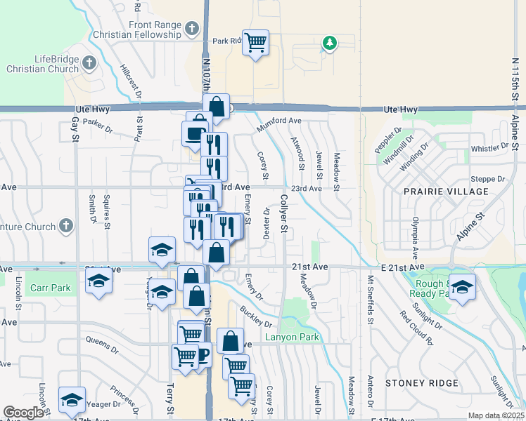 map of restaurants, bars, coffee shops, grocery stores, and more near 2231 Dexter Drive in Longmont