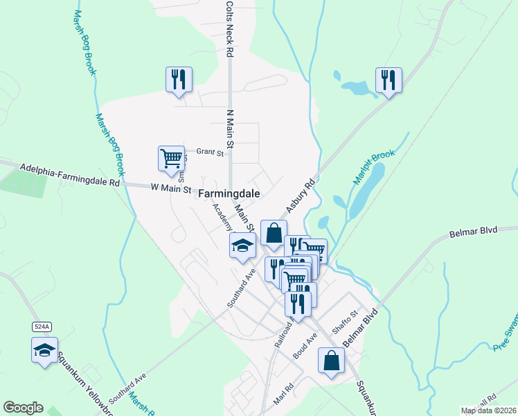map of restaurants, bars, coffee shops, grocery stores, and more near 10 Goodenough Road in Farmingdale