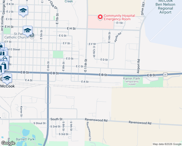 map of restaurants, bars, coffee shops, grocery stores, and more near 1209 East B Street in McCook