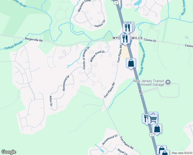 map of restaurants, bars, coffee shops, grocery stores, and more near 163 Pinetree Court in Howell Township