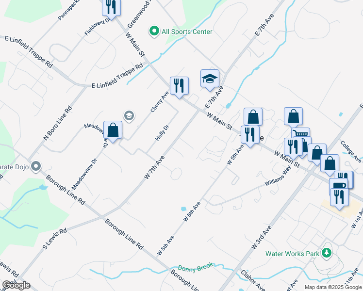 map of restaurants, bars, coffee shops, grocery stores, and more near 12 Foxtail Court in Collegeville