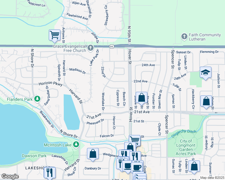 map of restaurants, bars, coffee shops, grocery stores, and more near 2692 Beech Circle in Longmont