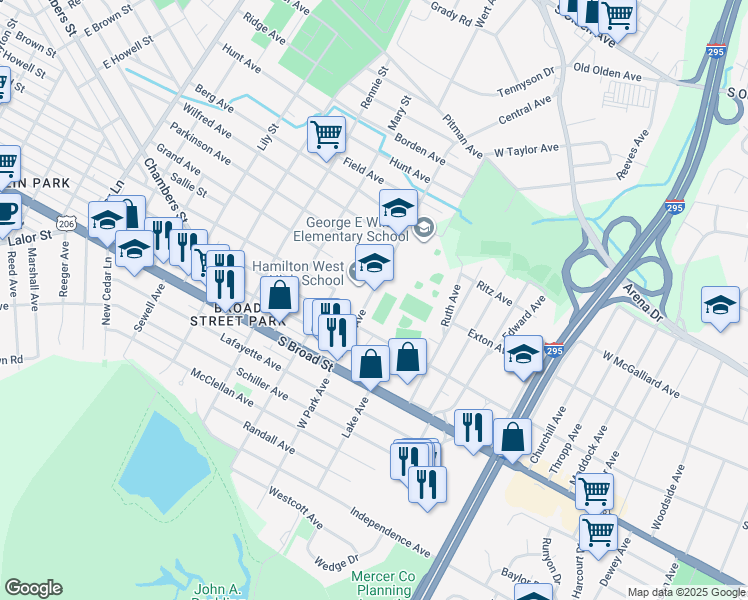 map of restaurants, bars, coffee shops, grocery stores, and more near 2720 South Clinton Avenue in Trenton