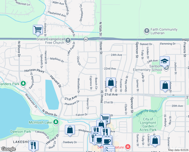 map of restaurants, bars, coffee shops, grocery stores, and more near 2674 Beech Circle in Longmont