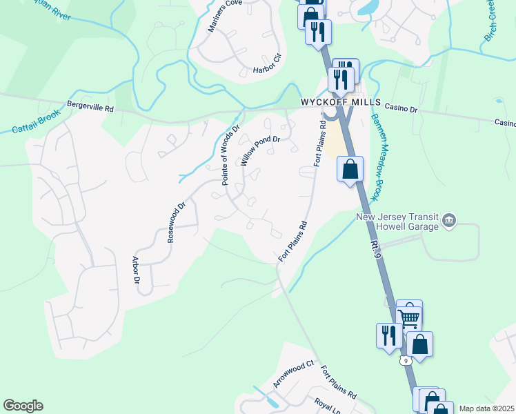 map of restaurants, bars, coffee shops, grocery stores, and more near 163 Pinetree Court in Howell Township
