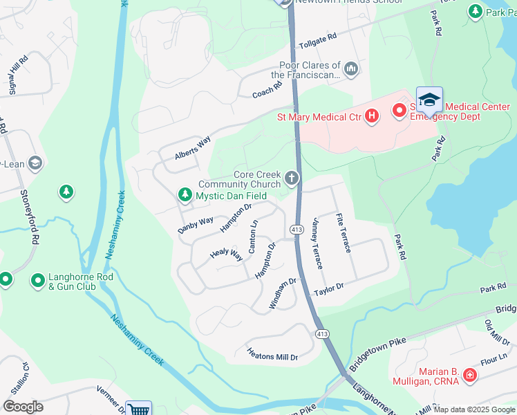 map of restaurants, bars, coffee shops, grocery stores, and more near 233 Hampton Drive in Langhorne