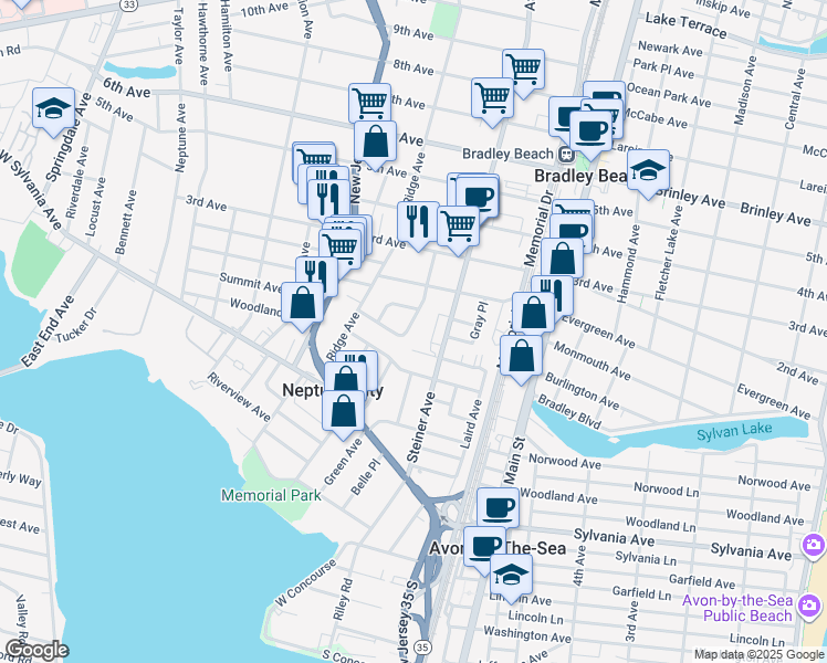 map of restaurants, bars, coffee shops, grocery stores, and more near 82 Ridge Terrace in Neptune City