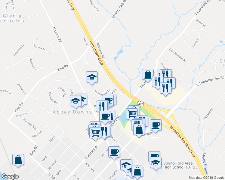 map of restaurants, bars, coffee shops, grocery stores, and more near 603 Foxcroft Circle in Royersford