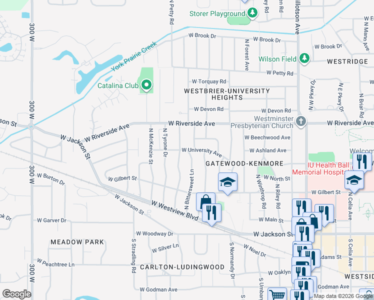 map of restaurants, bars, coffee shops, grocery stores, and more near 3750 West University Avenue in Muncie