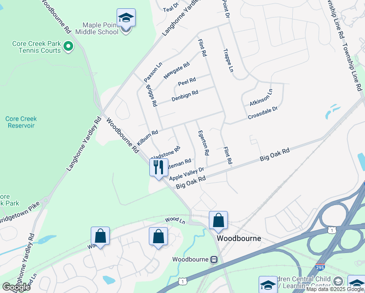 map of restaurants, bars, coffee shops, grocery stores, and more near 456 Gladstone Road in Langhorne