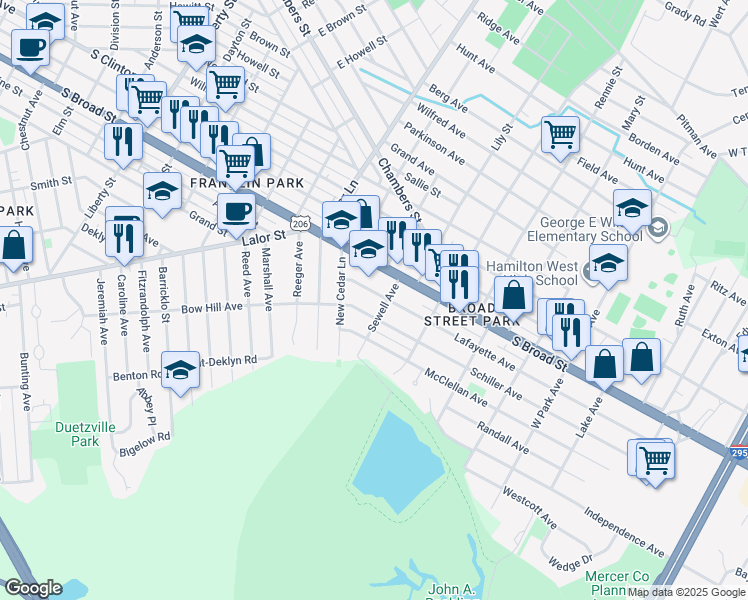 map of restaurants, bars, coffee shops, grocery stores, and more near 49 Lafayette Avenue in Hamilton Township