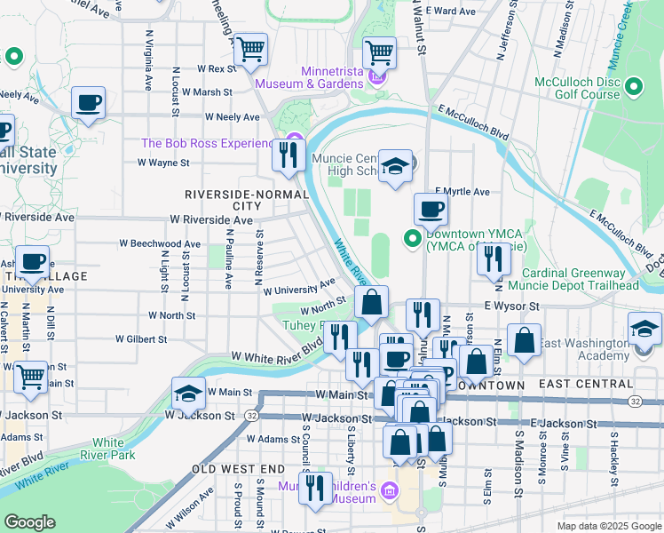 map of restaurants, bars, coffee shops, grocery stores, and more near 511 Wheeling Avenue in Muncie
