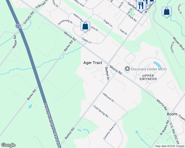 map of restaurants, bars, coffee shops, grocery stores, and more near 1102 Oak Circle in Lansdale