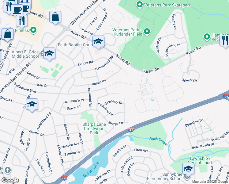 map of restaurants, bars, coffee shops, grocery stores, and more near 36 Dark Leaf Drive in Hamilton Township