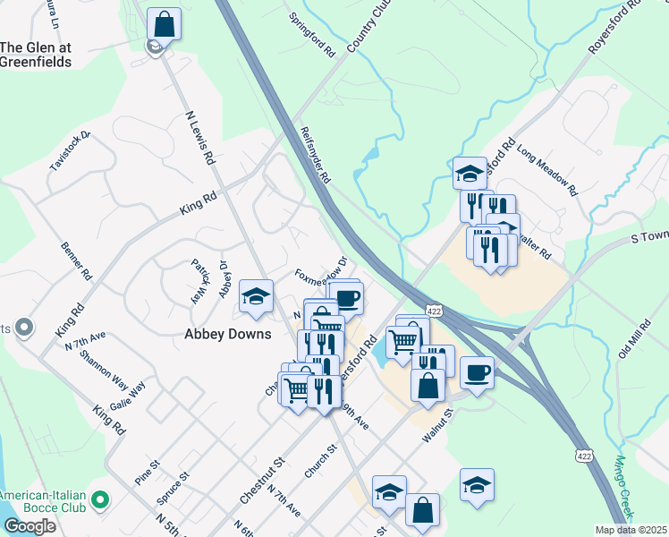 map of restaurants, bars, coffee shops, grocery stores, and more near 715 Foxmeadow Drive in Royersford