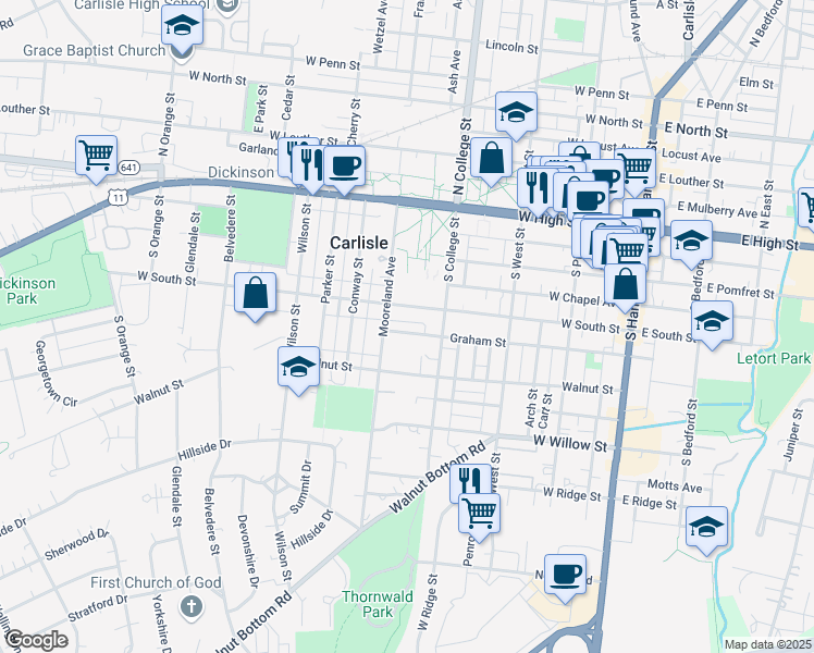 map of restaurants, bars, coffee shops, grocery stores, and more near 345 Graham Street in Carlisle
