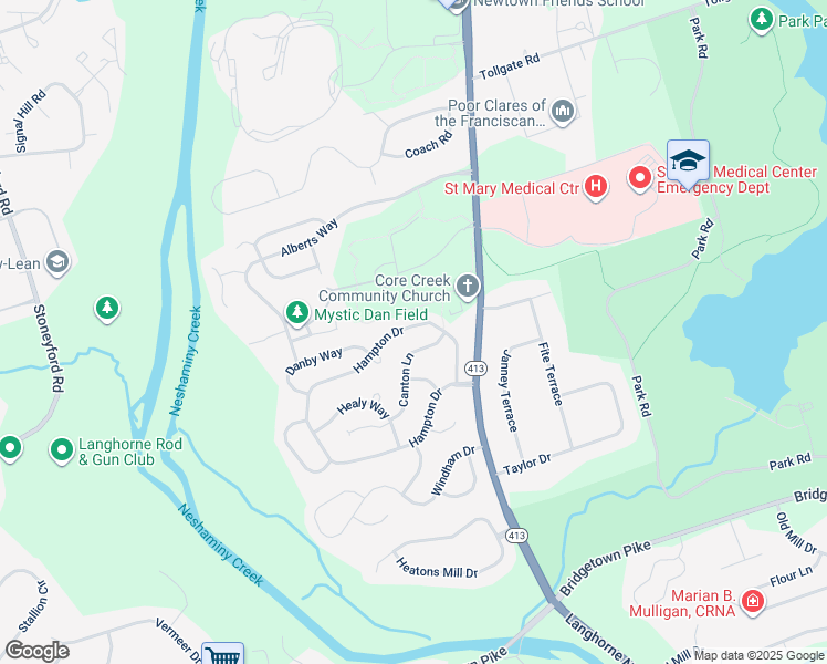 map of restaurants, bars, coffee shops, grocery stores, and more near 233 Hampton Drive in Langhorne