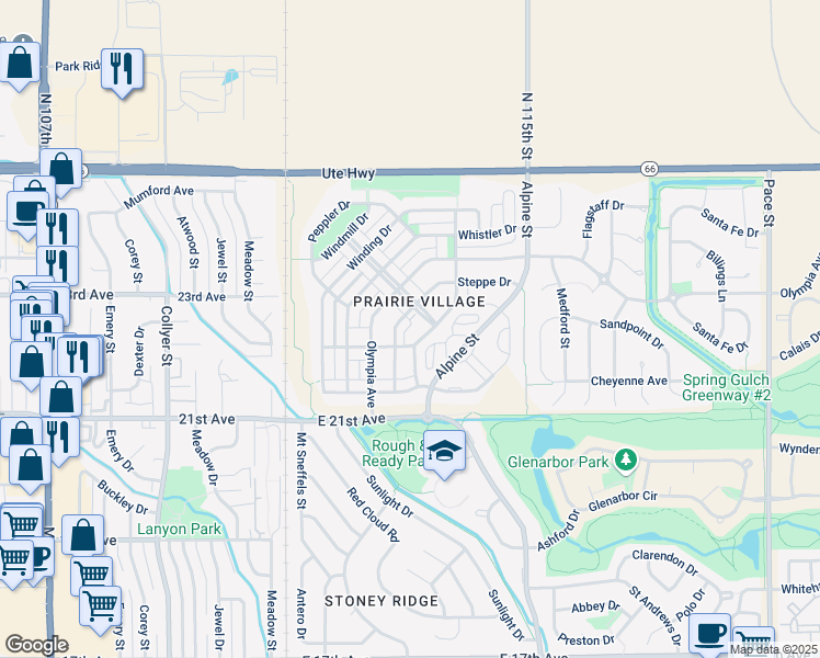 map of restaurants, bars, coffee shops, grocery stores, and more near 2217 Steppe Drive in Longmont