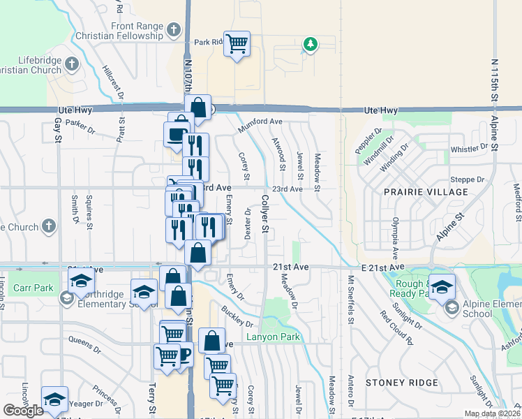 map of restaurants, bars, coffee shops, grocery stores, and more near 2271 Dexter Drive in Longmont