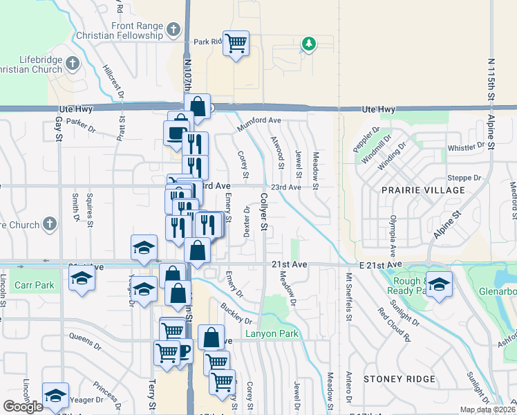 map of restaurants, bars, coffee shops, grocery stores, and more near 2271 Dexter Drive in Longmont