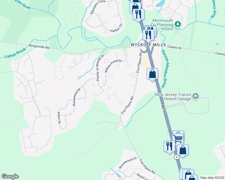 map of restaurants, bars, coffee shops, grocery stores, and more near 164 Pinetree Court in Howell Township