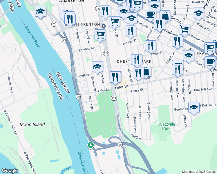 map of restaurants, bars, coffee shops, grocery stores, and more near in Trenton